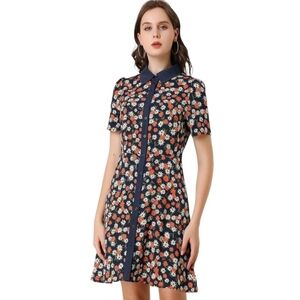 AllegraK Button Down Point Collar A-Line Above The Knee Dress Blue/Floral NWOT M